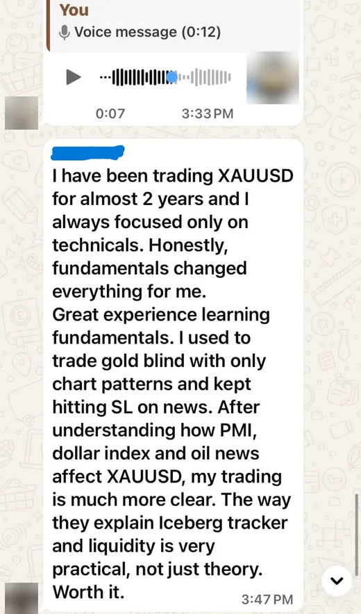 WhatsApp review: learning fundamentals changed how a member trades XAUUSD
