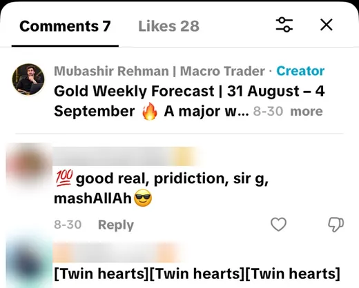 TikTok comments praising a correct gold weekly forecast